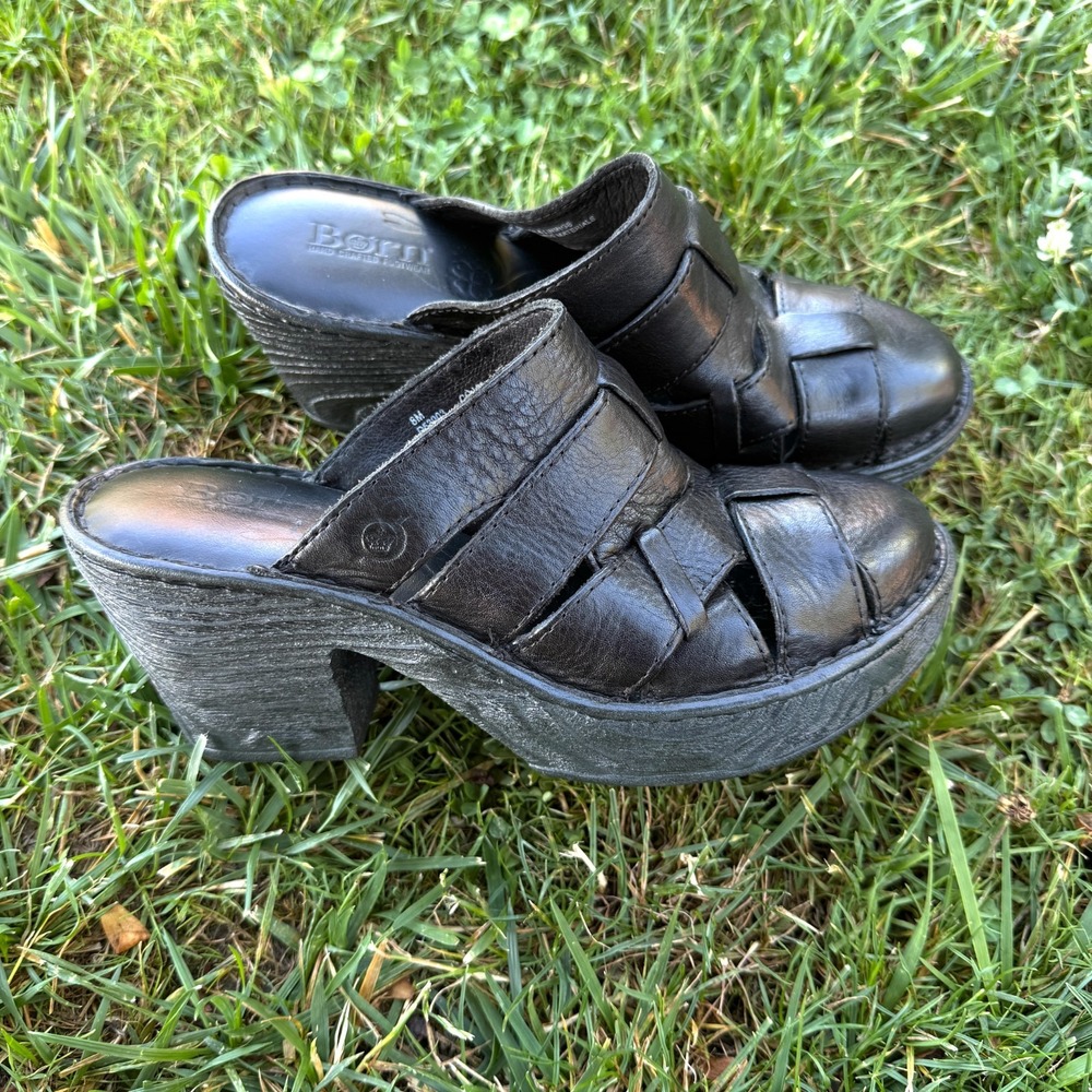 Born Pollina Clogs Women's 8M Black Leather Slip On Closed Toe Chunky Block Heel